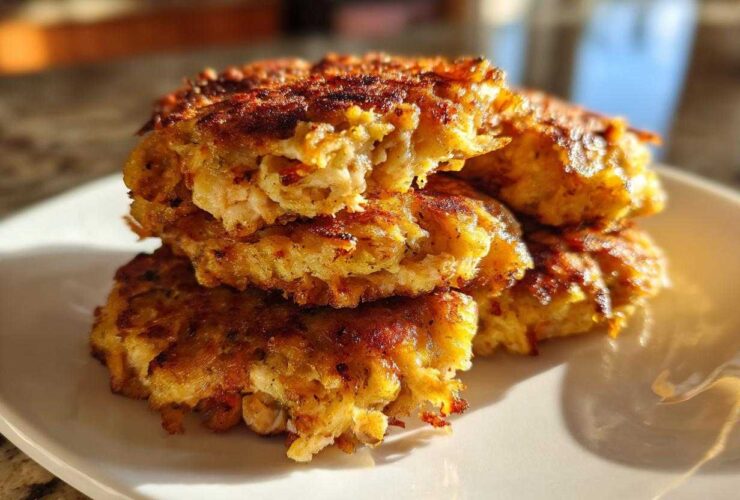 A stack of crispy, golden brown Air Fryer Salmon Patties with one broken open to show the flaky interior.