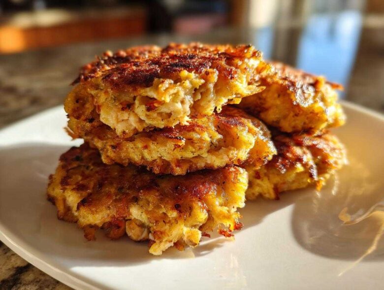 A stack of crispy, golden brown Air Fryer Salmon Patties with one broken open to show the flaky interior.