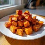 A close-up of perfectly seasoned Air Fryer Sweet Potato Cubes piled high on a white plate, catching sunlight.