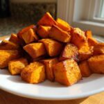 A mound of golden brown, crispy Air Fryer Sweet Potato Cubes piled high on a white plate.