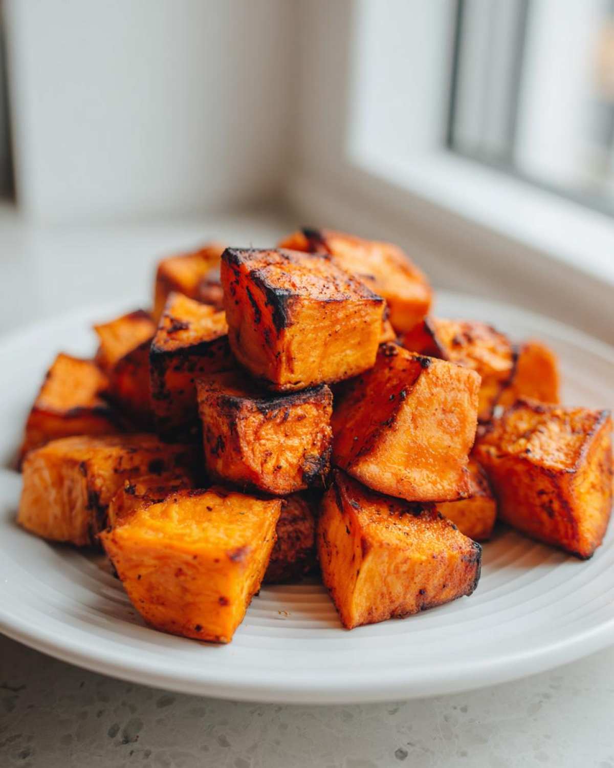 A pile of perfectly cooked, slightly charred Air Fryer Sweet Potato Cubes stacked on a white plate.