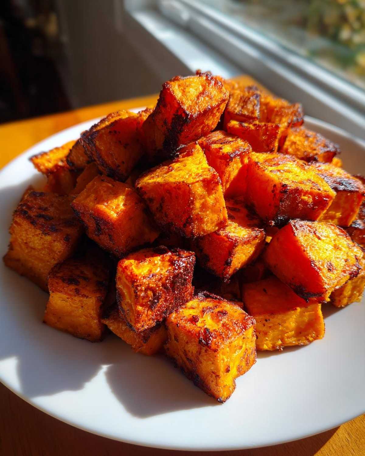 A pile of perfectly cooked, caramelized Air Fryer Sweet Potato Cubes served on a white plate.