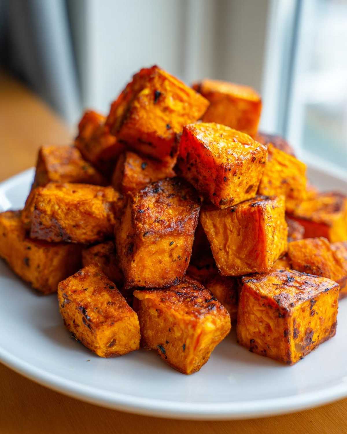 A close-up pile of seasoned and perfectly cooked Air Fryer Sweet Potato Cubes on a white plate.