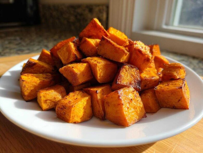 A mound of golden brown, crispy Air Fryer Sweet Potato Cubes piled high on a white plate.