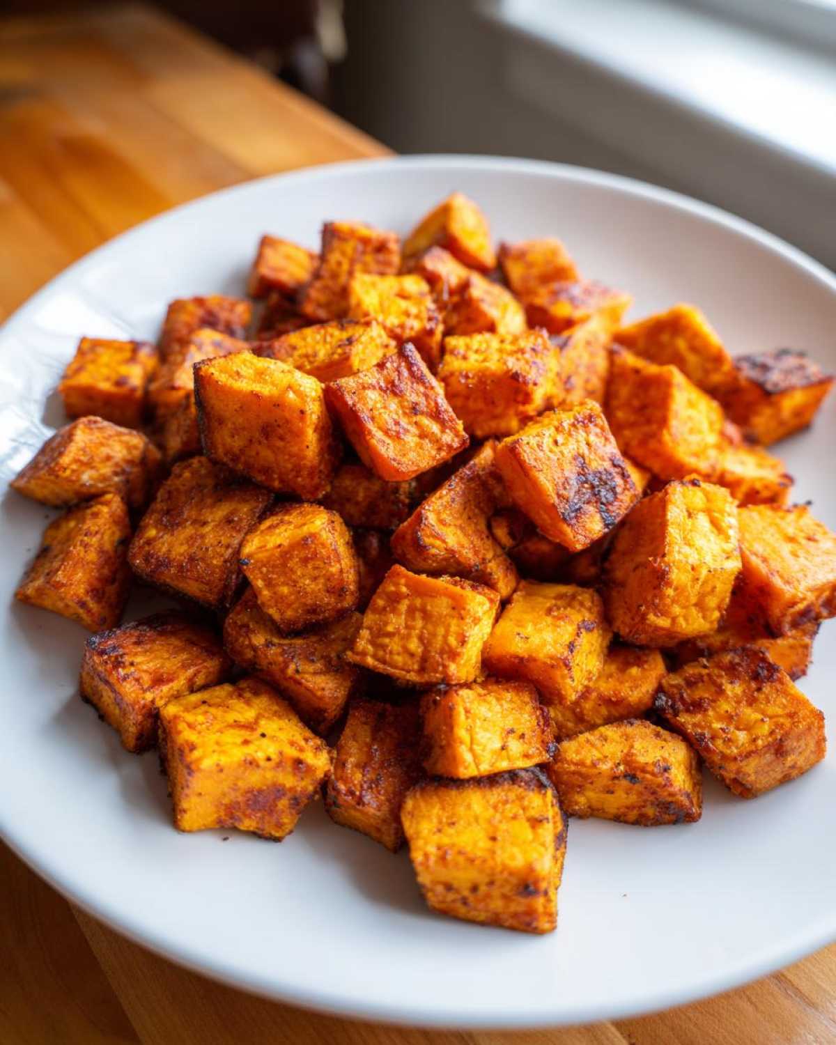 A white plate piled high with golden brown, seasoned Air Fryer Sweet Potato Cubes.