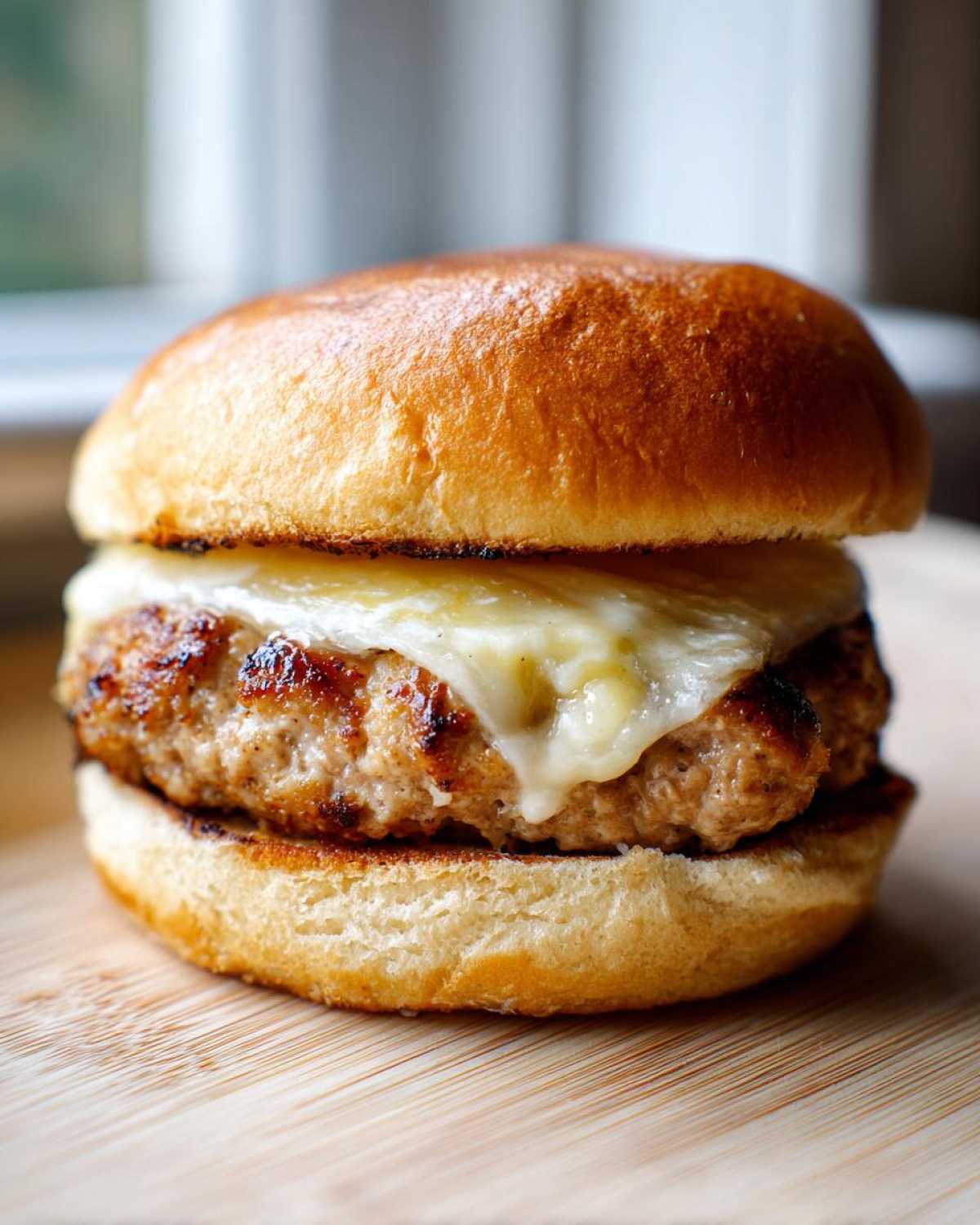 Close-up of a juicy Air Fryer Turkey Burger patty topped with melted white cheese on a toasted brioche bun.