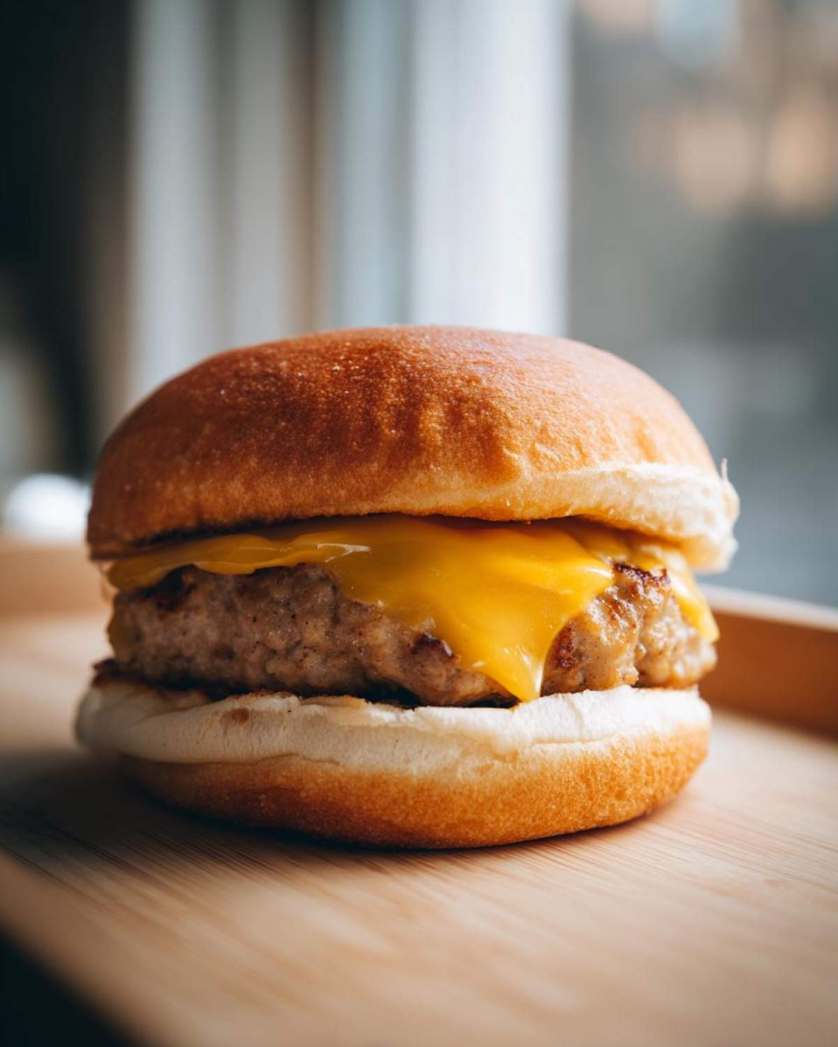 Close-up of a perfectly cooked Air Fryer Turkey Burger with a slice of melted cheddar cheese on a toasted bun.