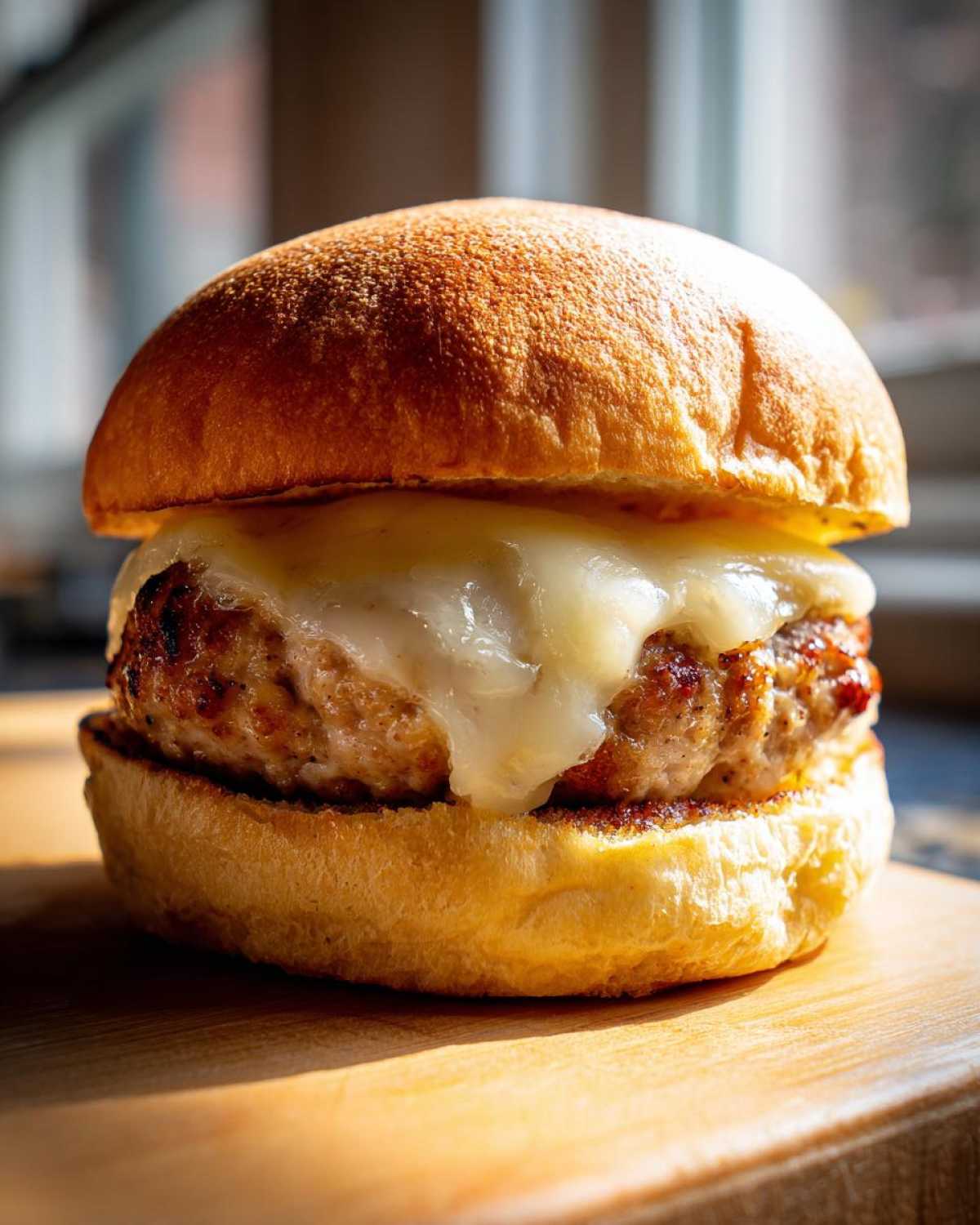Close-up of a juicy Air Fryer Turkey Burger topped with melted white cheese on a toasted bun.
