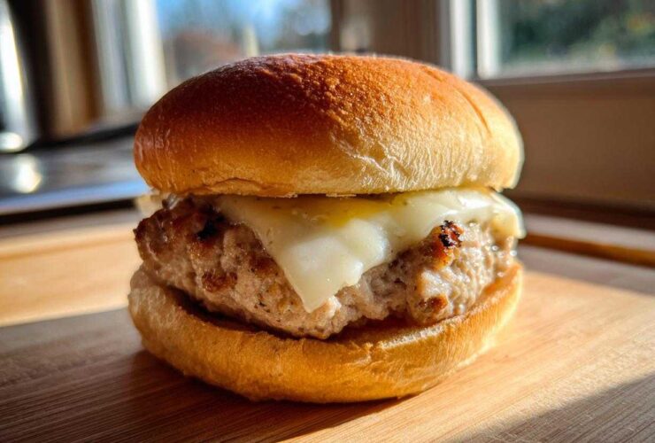 Close-up of a juicy Air Fryer Turkey Burger topped with melted white cheese on a toasted bun.