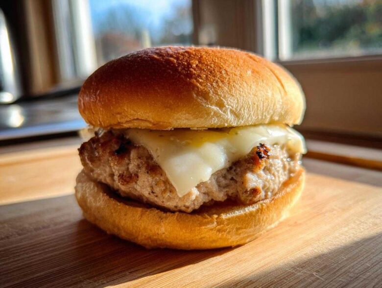Close-up of a juicy Air Fryer Turkey Burger topped with melted white cheese on a toasted bun.
