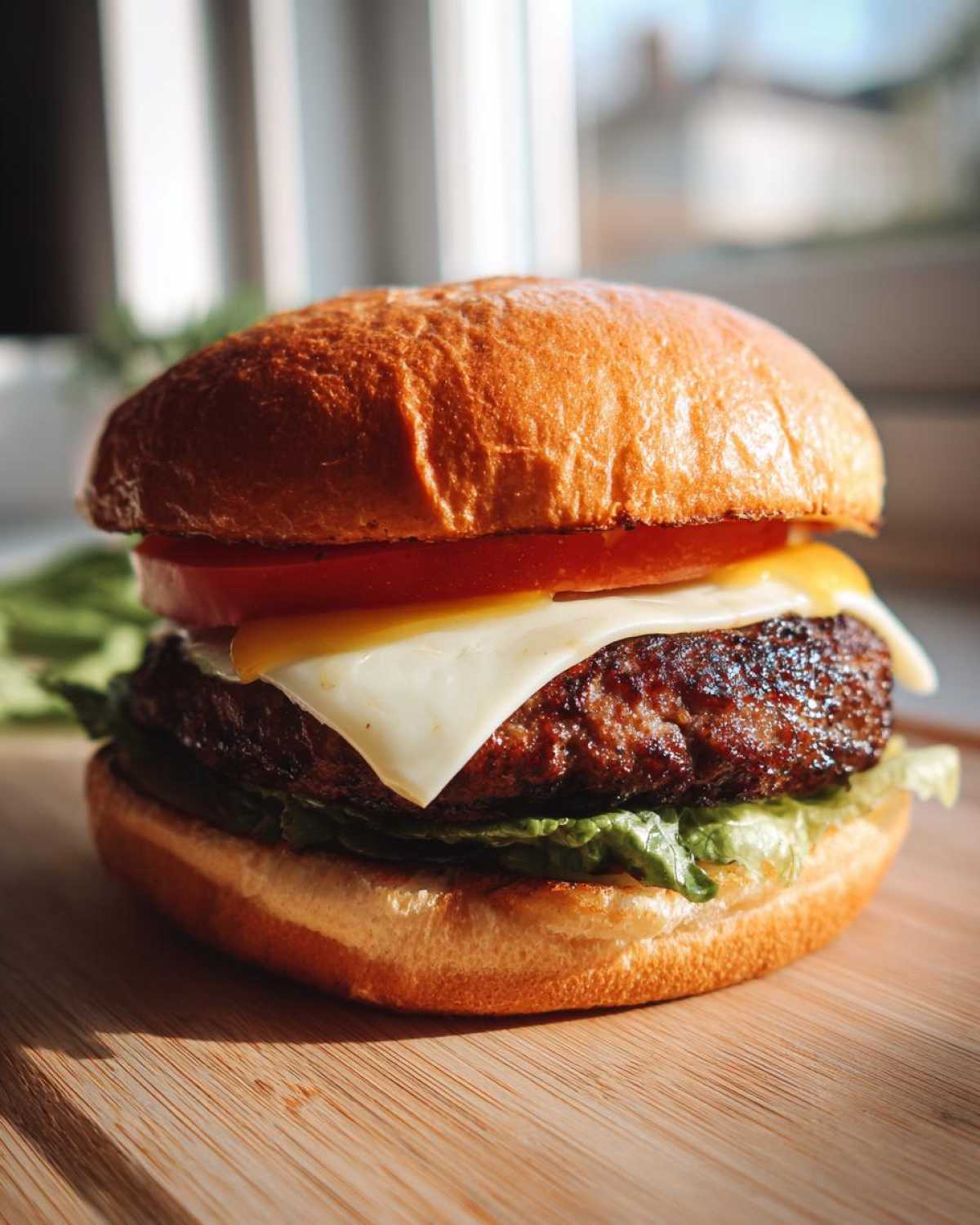 Close-up of a juicy Air Fryer Turkey Burger topped with melted cheese, tomato, and lettuce on a brioche bun.