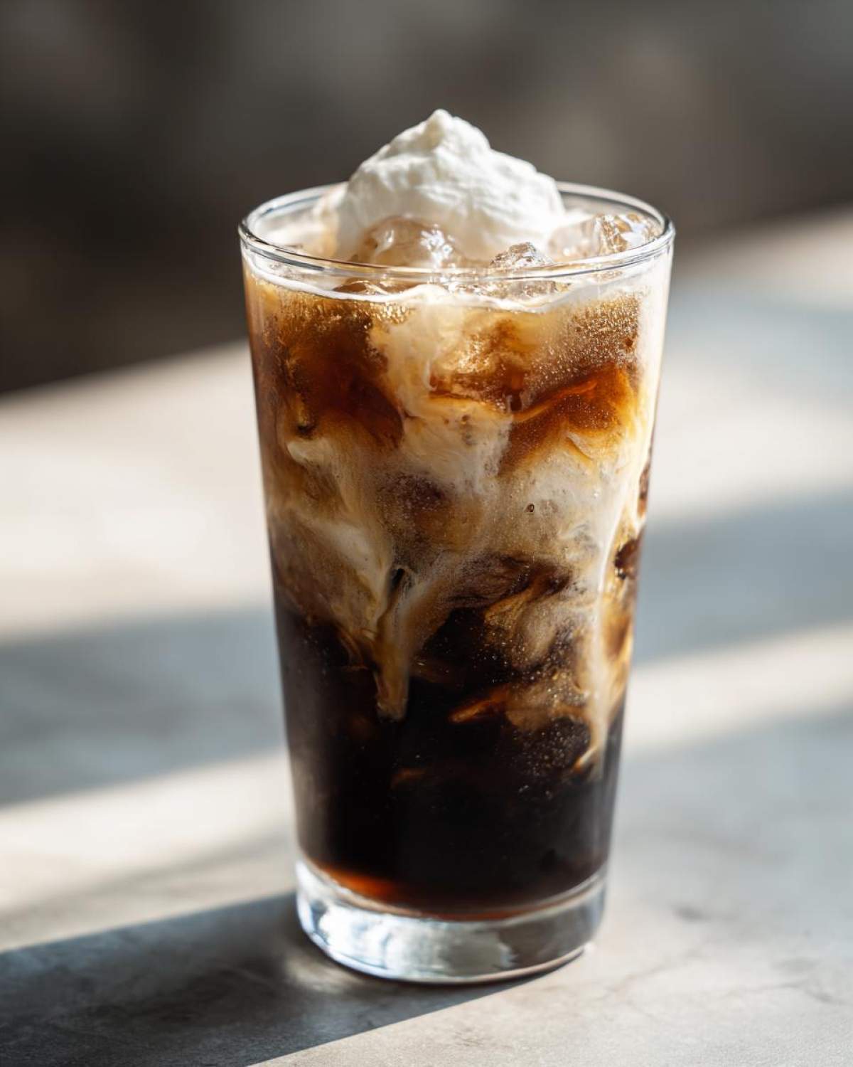 Close-up of a tall glass filled with a rich Iced Mocha, showing swirls of cream mixing with dark coffee and topped with whipped cream.