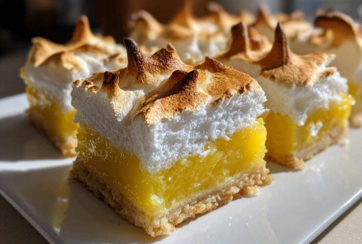 A close-up of perfectly cut Lemon Meringue Pie Bars showing the crust, bright yellow curd, and toasted meringue peaks.
