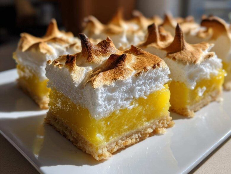 A close-up of perfectly cut Lemon Meringue Pie Bars showing the crust, bright yellow curd, and toasted meringue peaks.