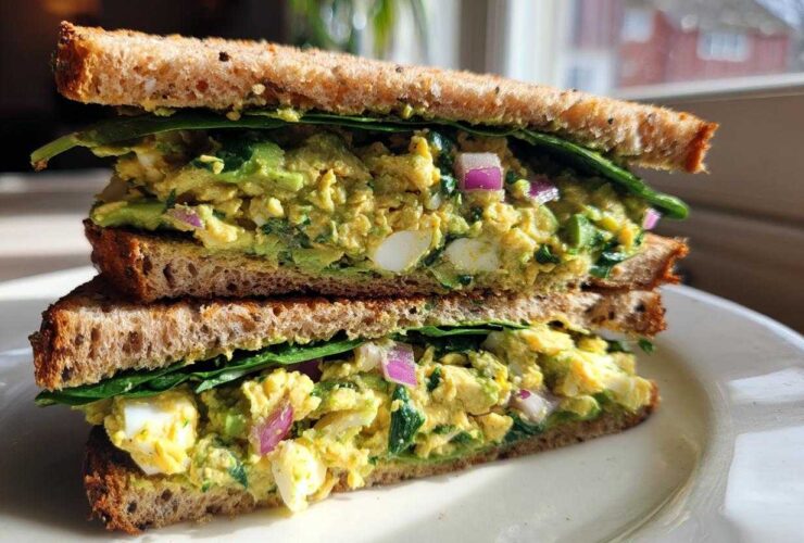 A close-up of an Avocado Egg Salad Sandwich cut in half, showing creamy filling, egg chunks, red onion, and spinach on whole wheat bread.