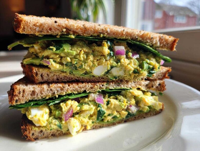 A close-up of an Avocado Egg Salad Sandwich cut in half, showing creamy filling, egg chunks, red onion, and spinach on whole wheat bread.