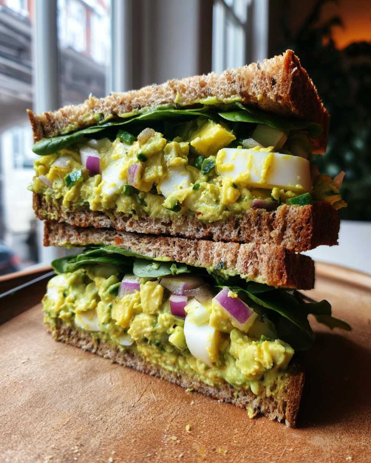A tall, stacked Avocado Egg Salad Sandwich made with whole wheat bread, visible chunks of egg, avocado mash, red onion, and spinach.