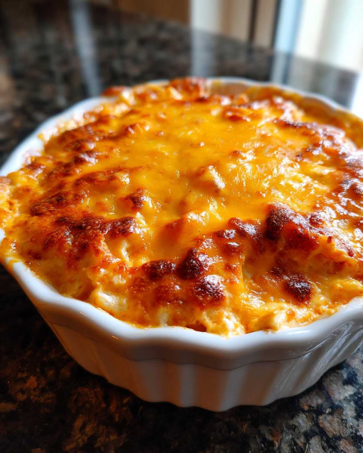 Close-up of a freshly Baked Buffalo Chicken Dip in a white ramekin, featuring a bubbly, golden-brown melted cheese topping.
