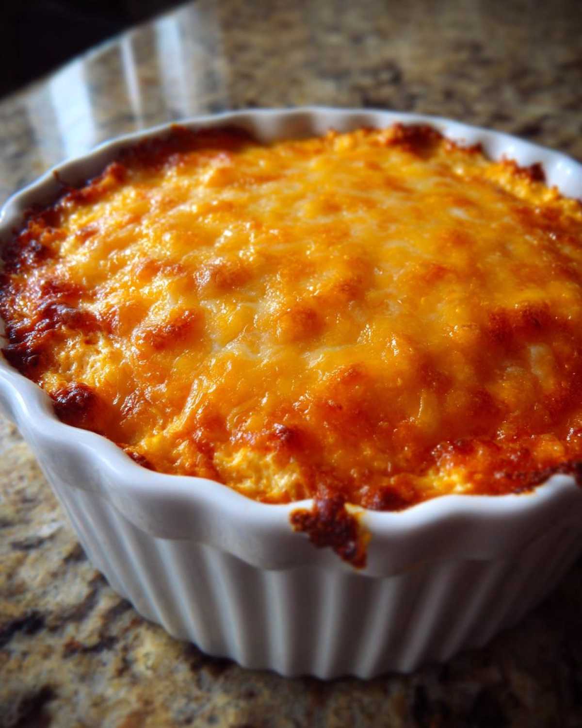 Close-up of hot, bubbly Baked Buffalo Chicken Dip topped with melted, golden-brown cheese.