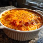 Close-up of a bubbling Baked Buffalo Chicken Dip in a white ramekin, featuring a golden, slightly browned cheese topping.