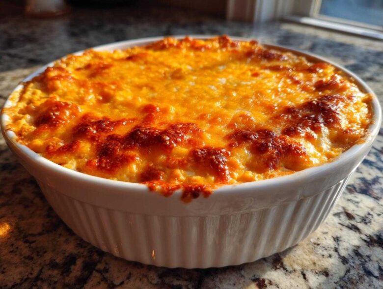 A close-up of a freshly Baked Buffalo Chicken Dip in a white ceramic dish, featuring a bubbly, golden-brown melted cheese topping.