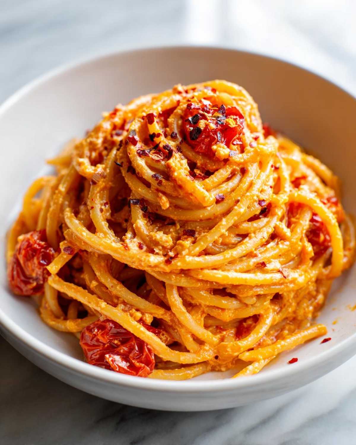 Close-up of creamy Baked Feta Pasta with Cherry Tomatoes, topped with red pepper flakes, served in a white bowl.