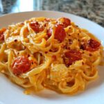 A close-up of creamy Baked Feta Pasta with Cherry Tomatoes tossed with fettuccine-style noodles.
