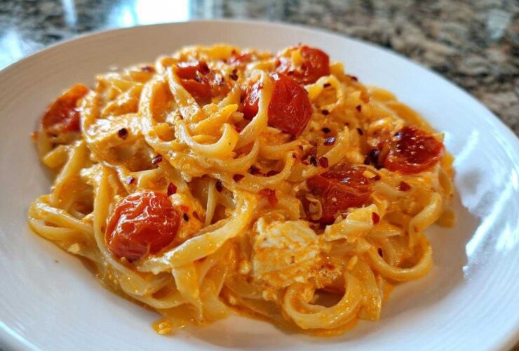 A close-up of creamy Baked Feta Pasta with Cherry Tomatoes tossed with fettuccine-style noodles.