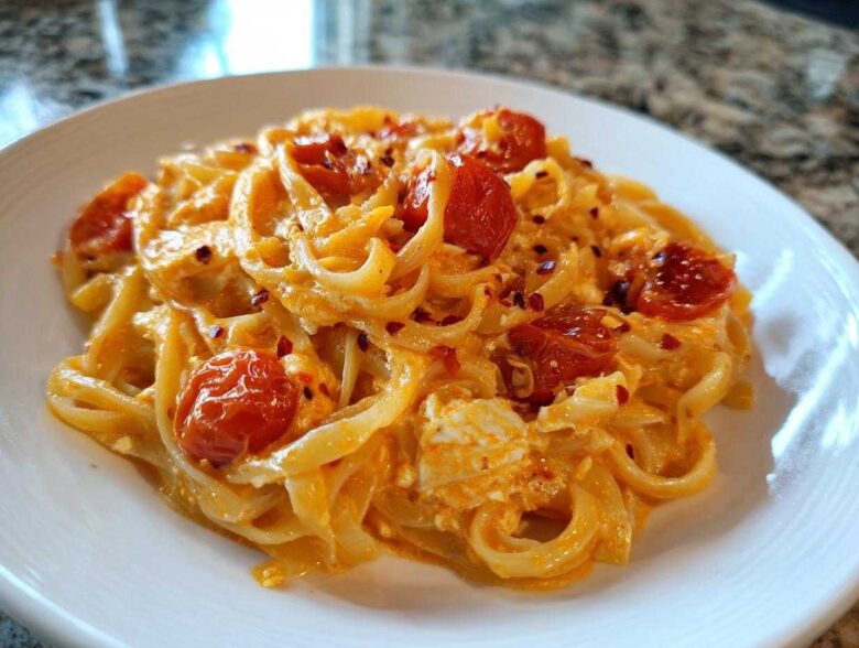 A close-up of creamy Baked Feta Pasta with Cherry Tomatoes tossed with fettuccine-style noodles.