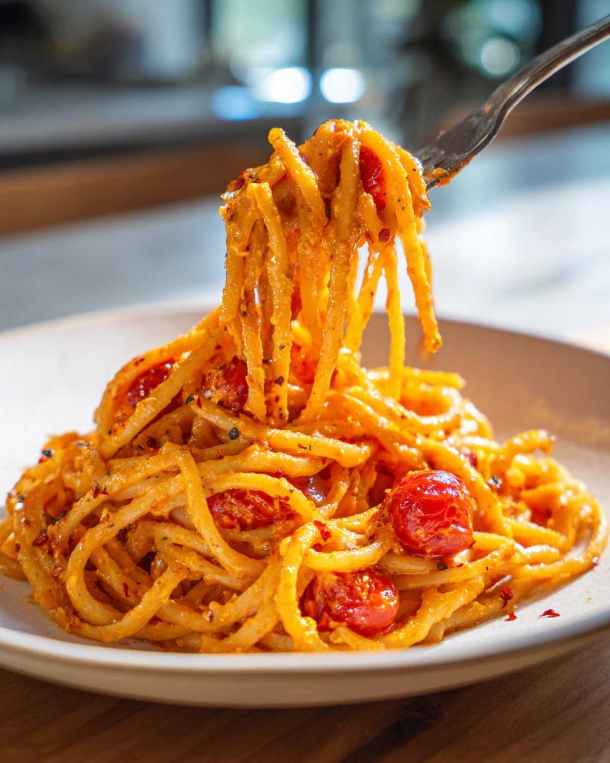 A fork lifting a generous twirl of creamy Baked Feta Pasta with Cherry Tomatoes from a white plate.