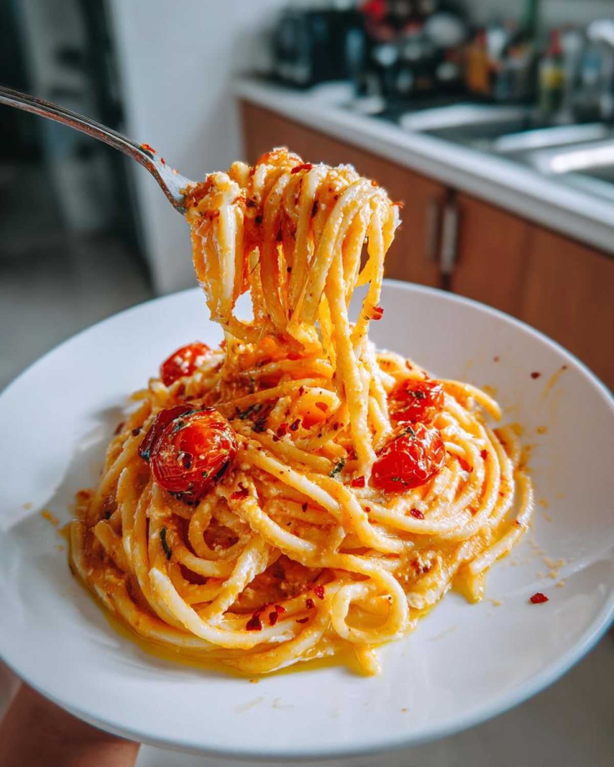 A fork lifting creamy Baked Feta Pasta with Cherry Tomatoes from a white plate.