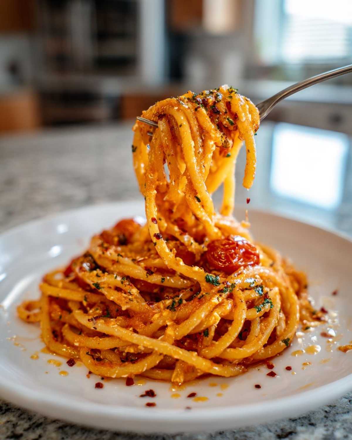 A fork lifting a generous portion of creamy Baked Feta Pasta with Cherry Tomatoes, coated in a rich orange sauce.