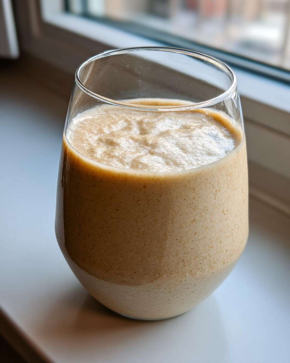 A close-up of a thick, creamy Banana Peanut Butter Smoothie served in a clear glass by a window.