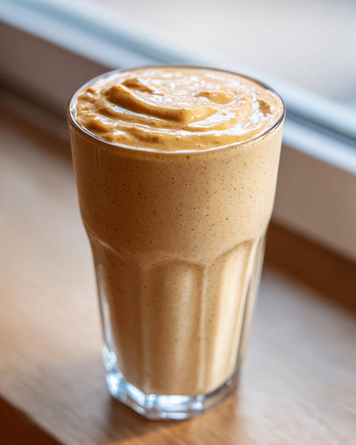 Close-up of a thick, creamy Banana Peanut Butter Smoothie served in a tall glass, resting on a wooden surface near a window.
