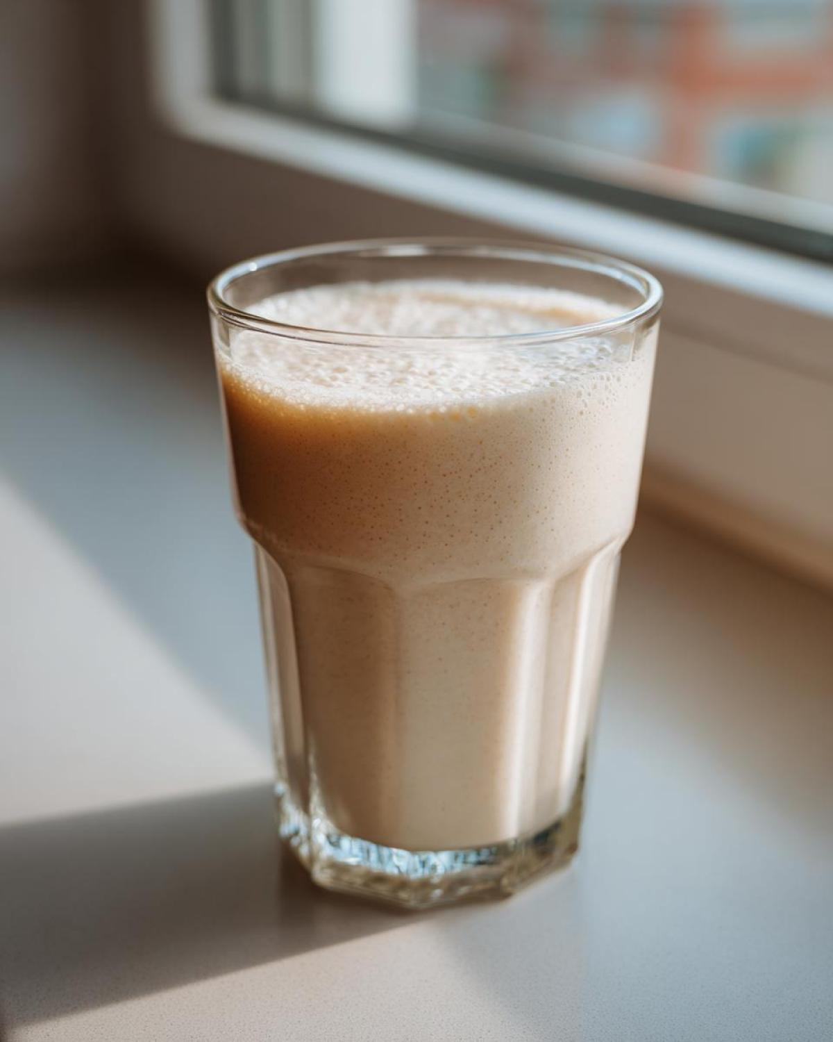 A tall glass filled with a creamy, light brown Banana Peanut Butter Smoothie sitting on a windowsill.