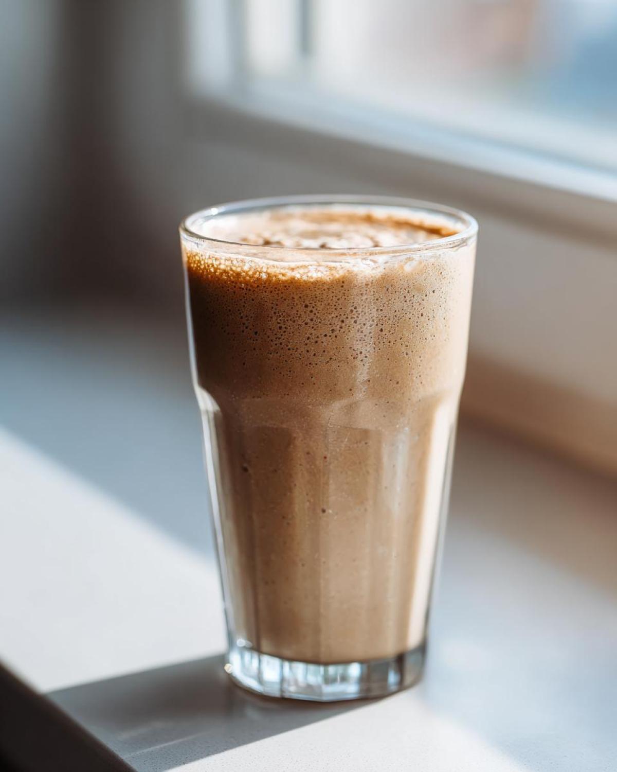 A tall glass filled with a thick, brown Banana Peanut Butter Smoothie, sitting in bright sunlight near a window.