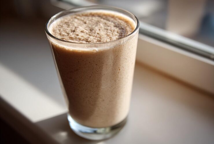 A tall glass filled with a creamy, frothy Banana Peanut Butter Smoothie sitting on a sunlit windowsill.