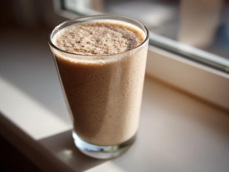 A tall glass filled with a creamy, frothy Banana Peanut Butter Smoothie sitting on a sunlit windowsill.