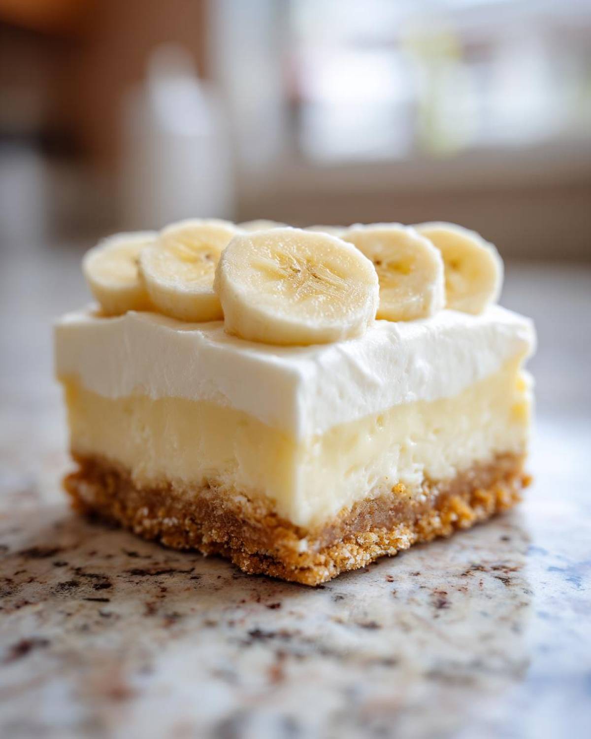 A single square serving of layered Banana Pudding Cheesecake Bars topped with fresh banana slices.