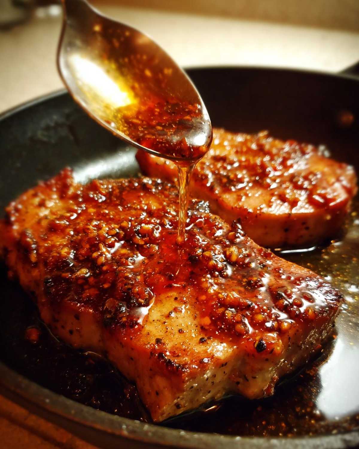 Close-up of a spoon drizzling thick, dark honey glaze over Honey Glazed Ham Steak cooking in a black skillet.