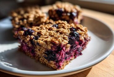 A close-up of a thick, moist square of Blueberry Baked Oatmeal Squares showing the rich berry filling and oat topping.