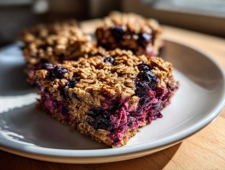 A close-up of a thick, moist square of Blueberry Baked Oatmeal Squares showing the rich berry filling and oat topping.
