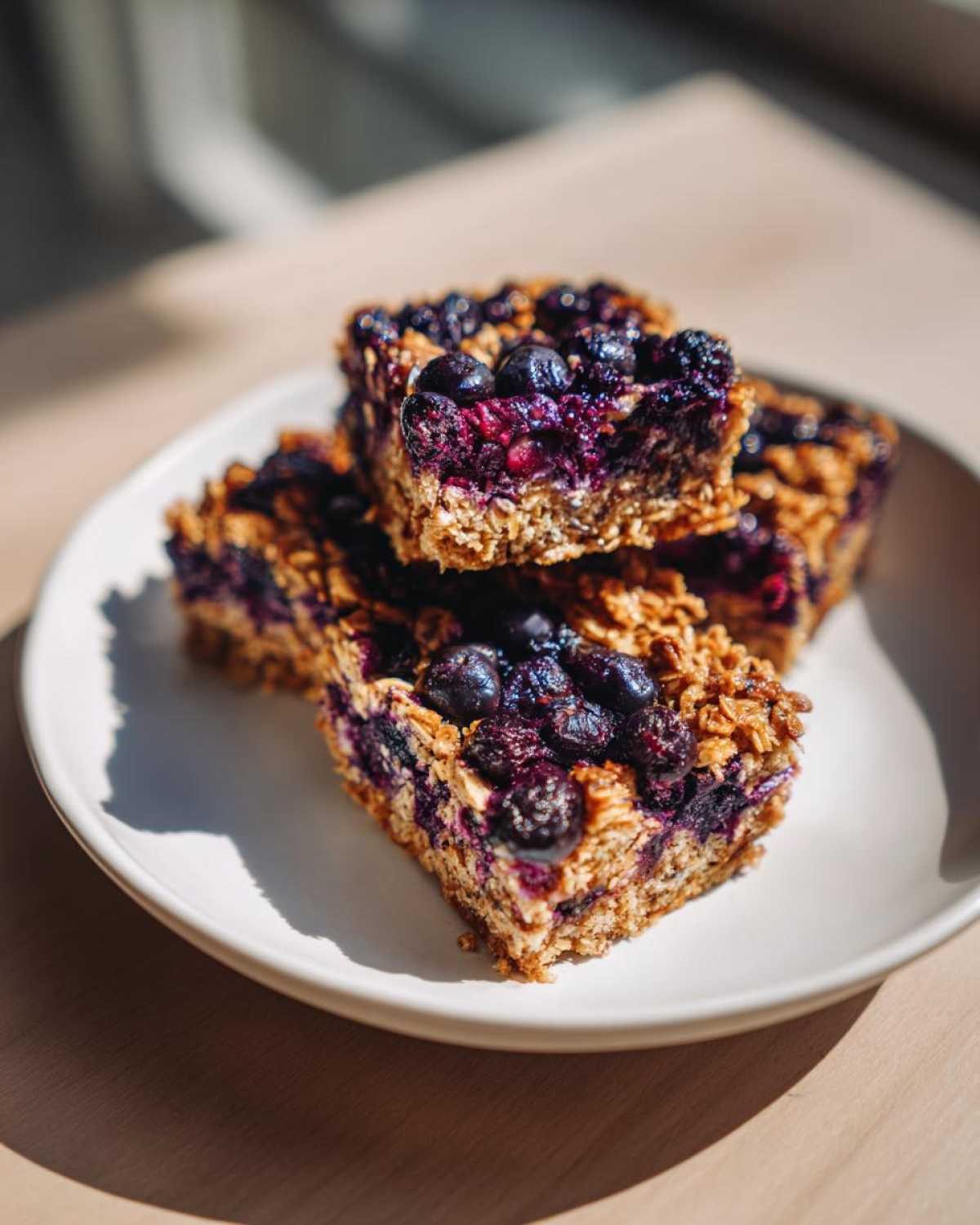 Three stacked Blueberry Baked Oatmeal Squares piled high with rich, dark blueberries on a white plate.