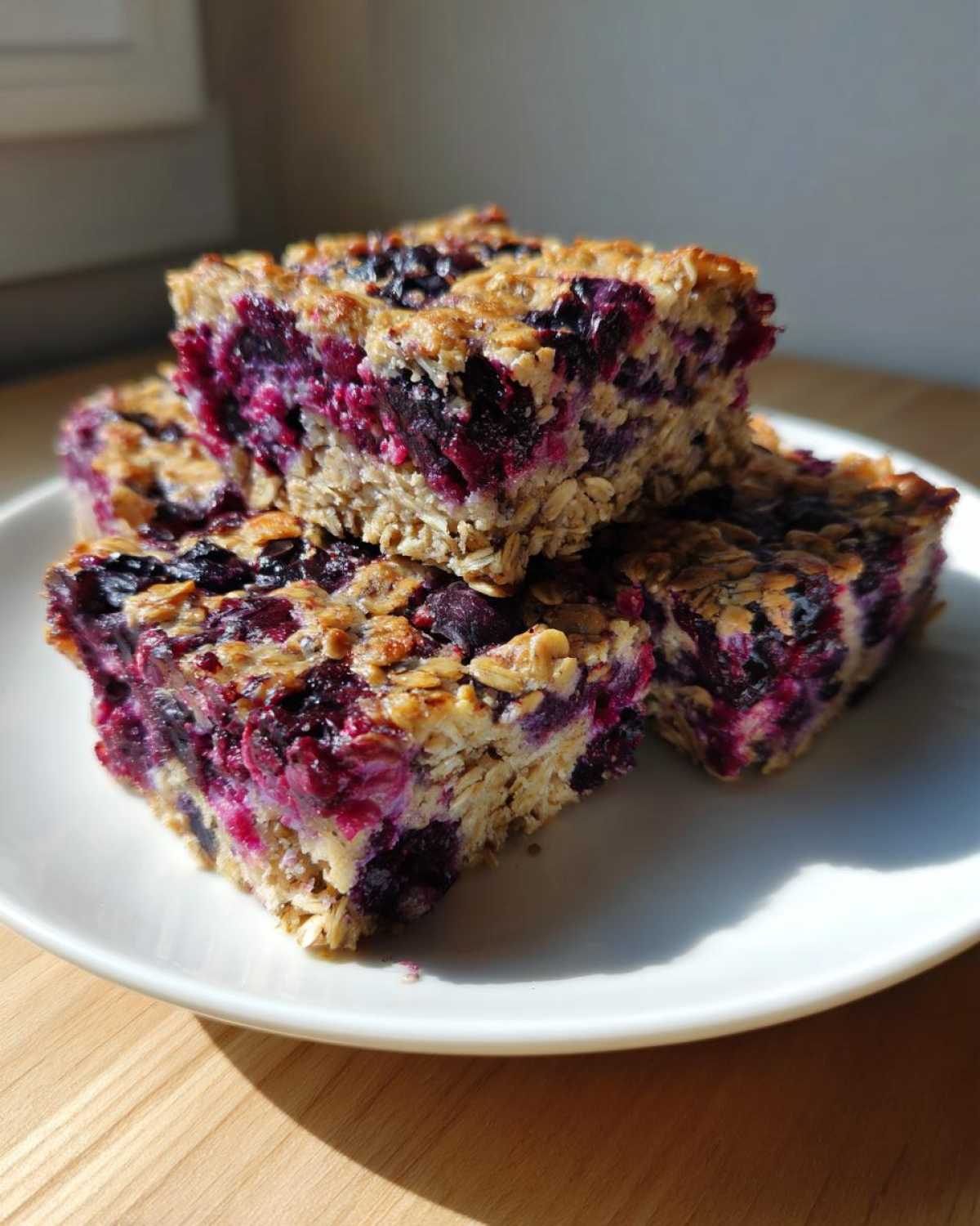 Close-up of three rich Blueberry Baked Oatmeal Squares stacked on a white plate in bright sunlight.
