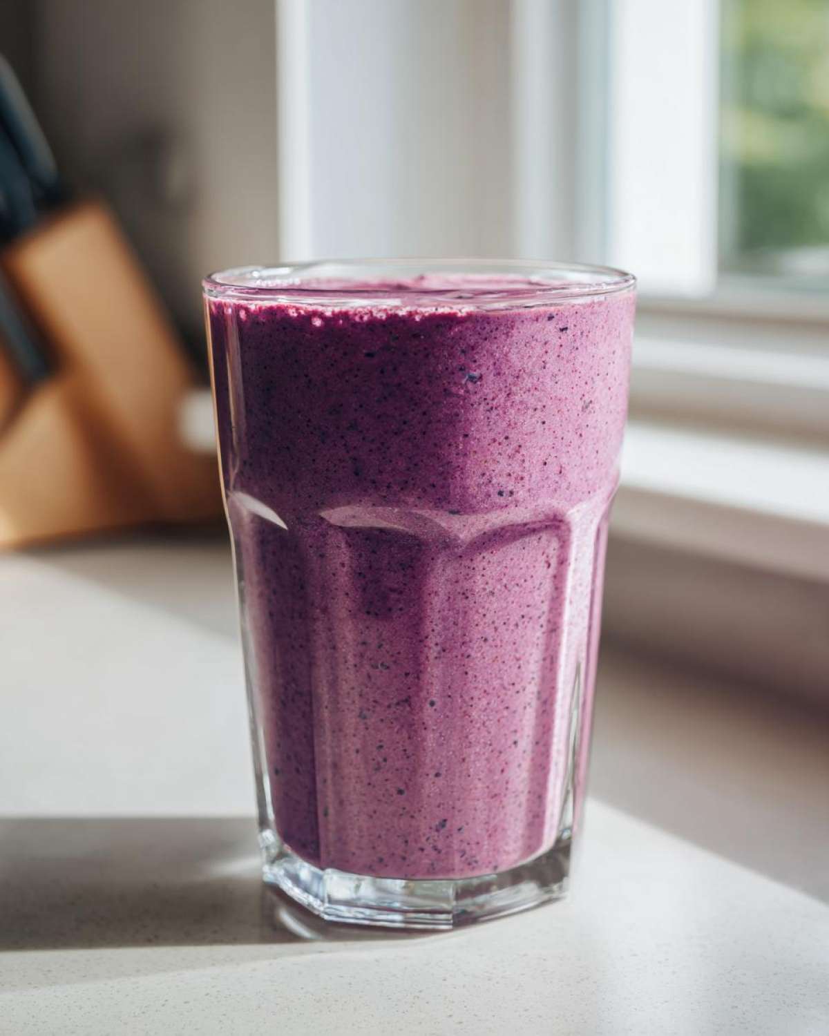 A tall glass filled with a thick, vibrant purple Blueberry Lemon Chia Smoothie sitting on a light countertop.
