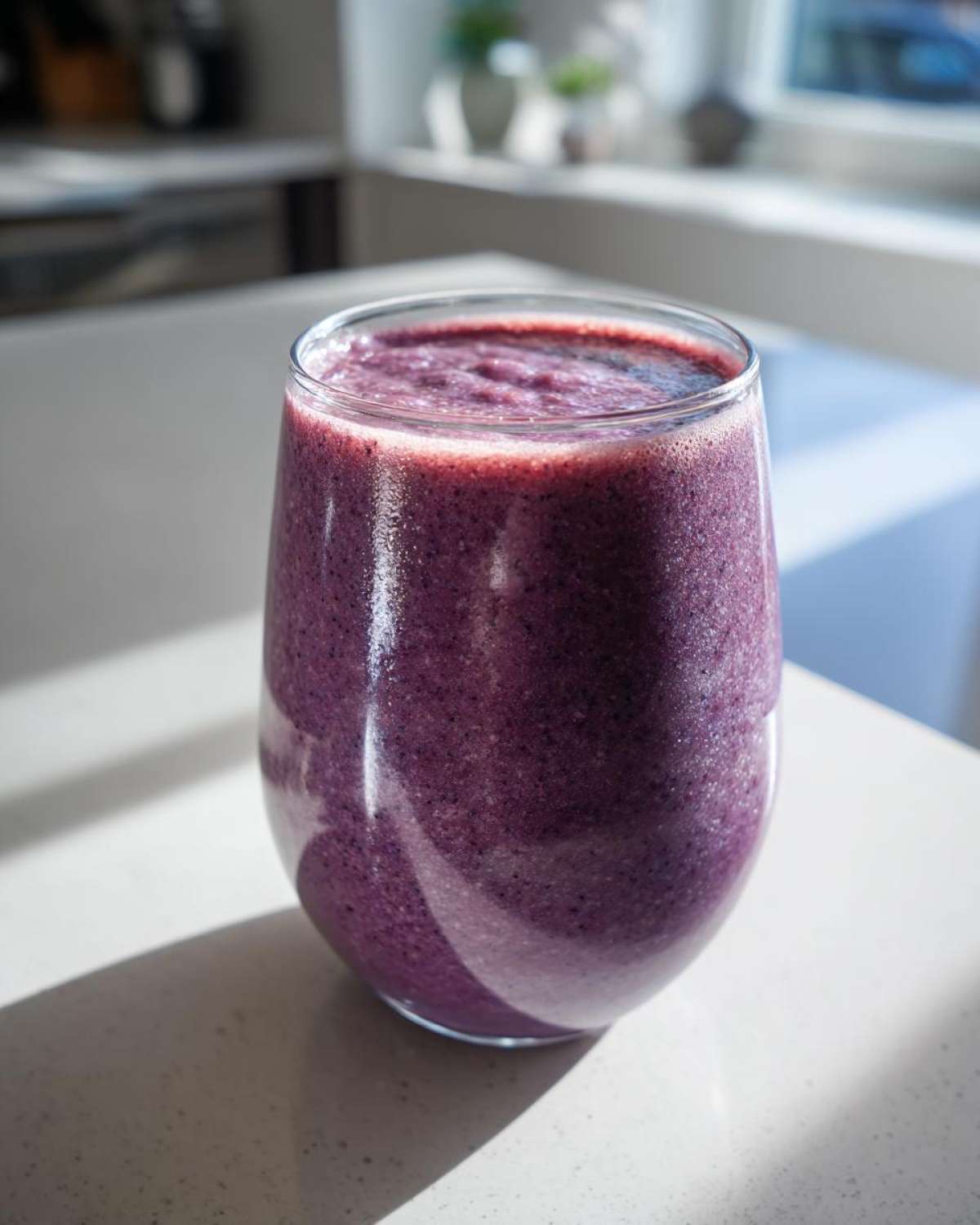 A vibrant, thick Blueberry Lemon Chia Smoothie served in a clear glass on a bright countertop.