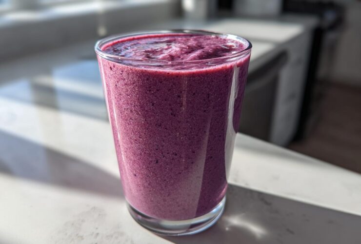 A tall glass filled with a thick, vibrant purple Blueberry Lemon Chia Smoothie sitting on a sunlit countertop.
