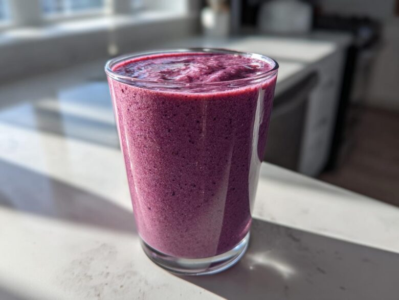 A tall glass filled with a thick, vibrant purple Blueberry Lemon Chia Smoothie sitting on a sunlit countertop.