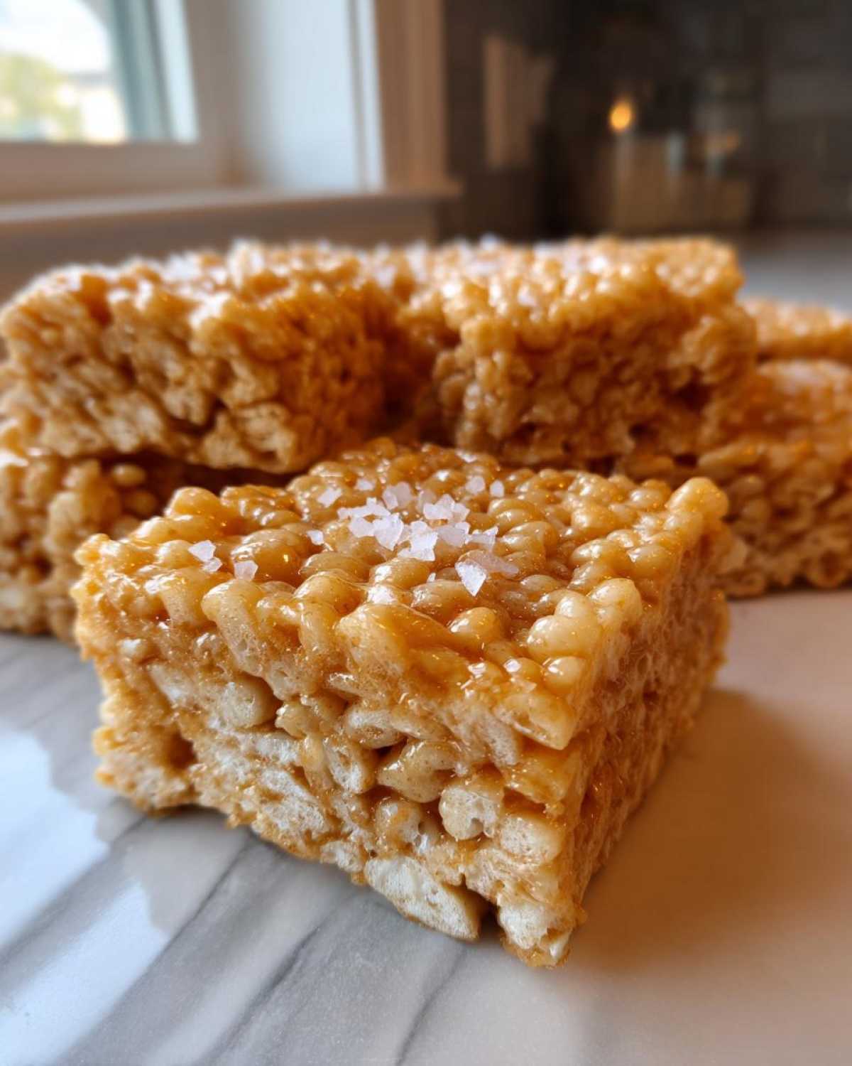 A close-up of a square Brown Butter Rice Krispie Treat Bar topped with flaky sea salt.