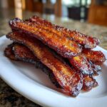 Close-up of crispy, caramelized Brown Sugar Glazed Bacon stacked on a white plate.